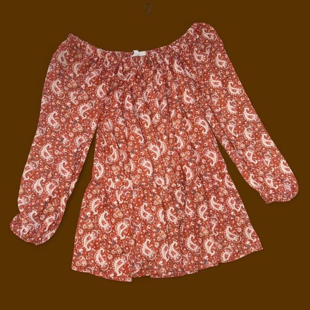 Peach Love Off Shoulder Paisley Boho Mini Dress Size Medium